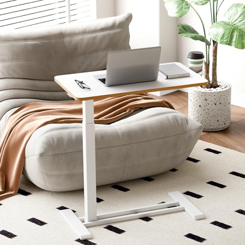SANODESK Medical Adjustable Overbed Bedside Table with Hidden Casters, Pneumatic Mobile Laptop Computer Standing Desk Cart Overbed Table with Tray, Hospital and Home Use(27.6" W x 15.7" D, White) SANODESK