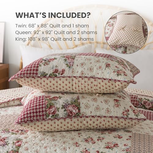 SLPR Country Roses Patchwork Cotton Pieced Quilt Set - Twin Size with 1 Sham, French Country Style Floral Bedding, Red Rose Farmhouse Quilted Bedspread with Flower Pattern SLPR