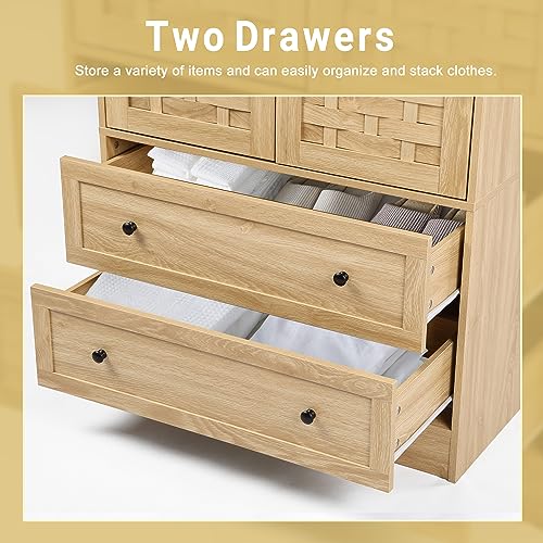 LEVNARY Armoire Wardrobe Closet with 2 Woven Doors, Wardrobe Cabinet with 2 Storage Drawers and Hanging Rail, Freestanding Wooden Closet for Bedroom (Natural) LEVNARY