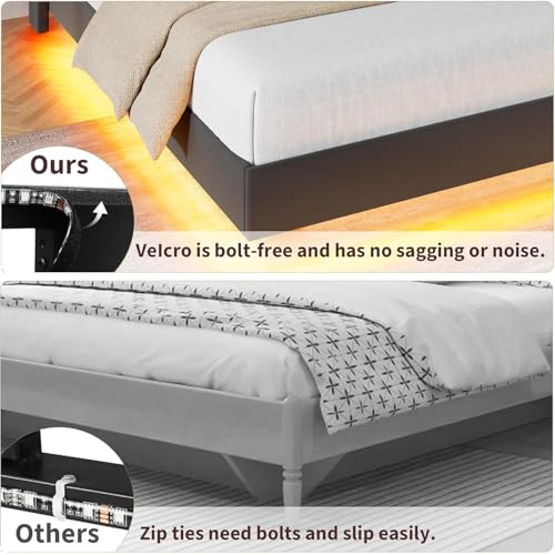 Garvee Full Size Floating Bed Frame with RGB LED Lights and Charging Station, Upholstered Platform Bed with Storage Headboard and Button Tufted Design, No Box Spring Needed, Black Garvee