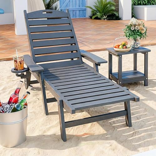 Pamapic 500 LBS Lounge Chair with Coffee Table Set of 2, Wide Armrest Oversized Chaise Lounge Chair with Wheel, 4 Positions Chaise Lounge with Cup Holder, Outdoor Lounge Chairs for Poolsdie, Grey