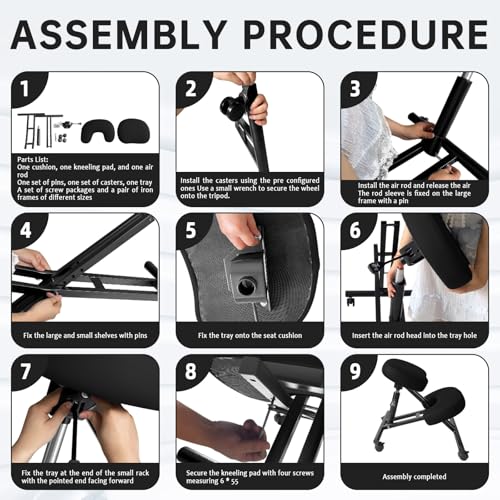 PU Leather Ergonomic Kneeling Chair, Adjustable Home and Office Stool with Thick Pads and Flexible Lockable Brake Wheels for Back Pain Relief(Black) DENGTELI