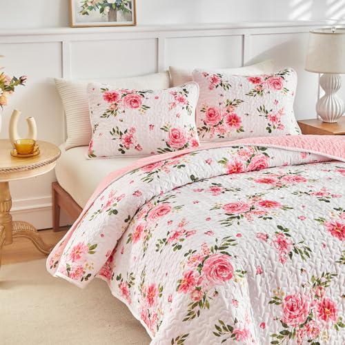UOZZI BEDDING Floral Quilt Set 2 Pieces Twin Size White Pink Flower Soft Microfiber Lightweight Summer Reversible Coverlet Bedspread for All Season -1 Quilt 88 * 88 + 1 Pillow Sham UOZZI BEDDING