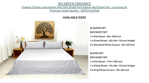 GO GREEN ORGANICS Organic Cotton Long Staple Silky Soft Single Pick Sateen Bed Sheet Set - Luxurious & Premium Hotel Quality - GOTS Certified - Solid Dyed (Grey Dawn, Queen (U.S. Standard)) GO GREEN ORGANICS
