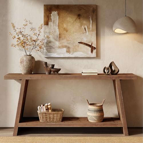 TRIBEWOOD 70.9'' Solid Wood Console Table, Narrow Long Sofa Table Behind Couch with 2-Tier Storage, Farmhouse Entryway Table for Living Room, Hallway, Foyer, Brown TRIBEWOOD