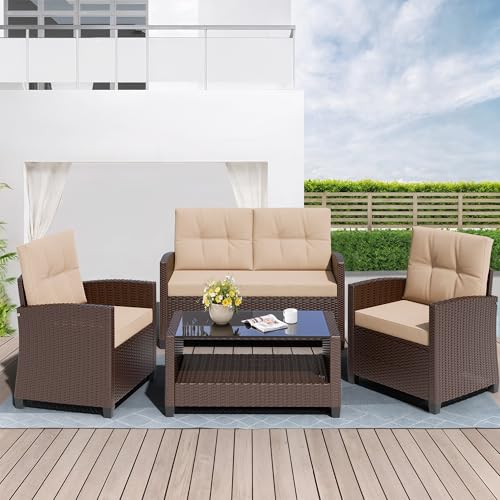 Shintenchi 4 Piece Patio Furniture Set, Outdoor Rattan Conversation Set with Coffee Table, Outside Wicker Sectional Sofa Couch with Cushion, Brown and Khaki Shintenchi