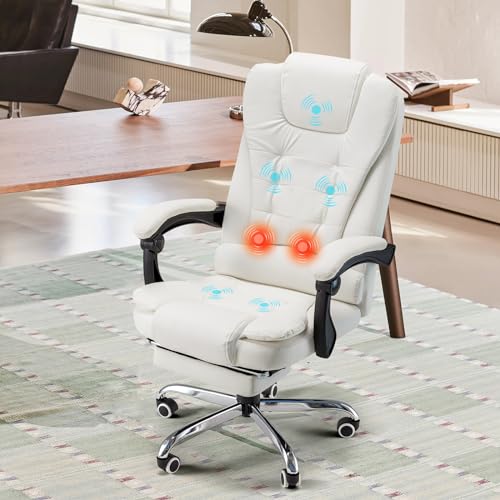 YODOLLA Ergonomic Reclining Office Chair with 7 Massage Points and Heat Function, Leather Executive Home Desk Chair w/Retractable Footrest, High Back Swivel Computer Chair, Cream White YODOLLA