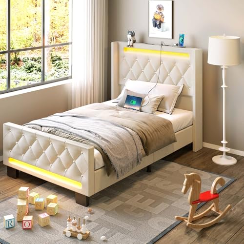 Rolanstar Twin Bed Frame with LED Light and Charging Station, Upholstered High Headboard and Footboard, Wood Slats, Noise Free, Easy Assembly, Beige Rolanstar