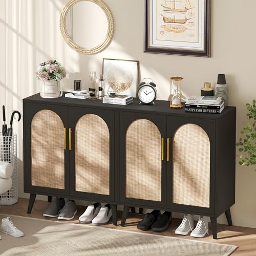 Rovaurx Set of 2 Rattan Storage Cabinet with Doors, Accent Bathroom Floor Cabinet, Modern Sideboard Buffet Cabinet for Living Room, Entryway, Dining Room and Kitchen, Black and Natural BMGZ108BM02 Rovaurx