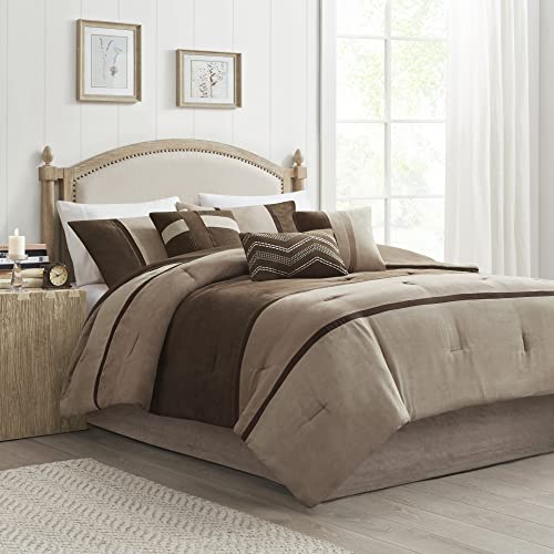 Madison Park Palisades Comforter Set Modern Faux Suede Pieced Stripe Design, All Season Down Alternative Cozy Bedding with Matching Shams, Decorative Pillows, King(104"x92"), Brown 7 Piece Madison Park