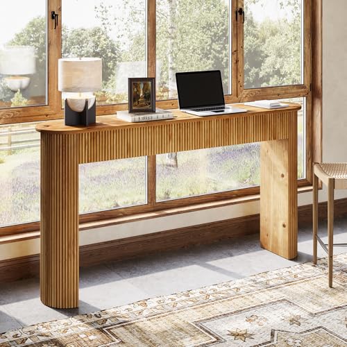 TRIBEWOOD Solid Wood Console Table, 63" Long Retro Entryway Table with Vertical Fluted Stripes and Wide Solid Wood Legs, for Living Room, Hallway, Behind Sofa, Next to Entrance TRIBEWOOD