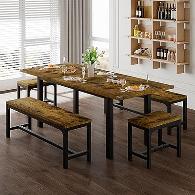Feonase 5-Piece Dining Table for 4-8 People, 63" Extendable Kitchen Table Set with 2 Benches & 2 Square Stools, Dining Room Table with MDF Wood Board, Easy Clean, Rustic Brown