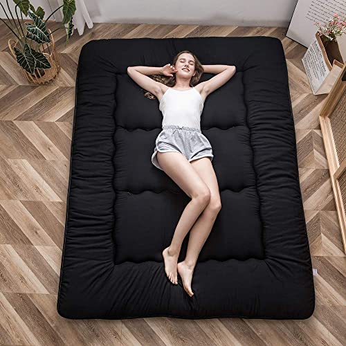 MAXYOYO Japanese Floor Mattress Futon Mattress, 4" Thicken Tatami Mat Sleeping Pad Foldable Roll Up Mat Boys Girls Dormitory Pad Kids Floor Lounger Pillow Bed, Black, Queen MAXYOYO