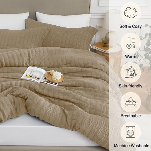 Quataly Brown Full Comforter Set - 3 Pieces Seersucker Lightweight Bedding Comforter Sets (1 Soft Fluffy Comforter & 2 Pillowcases) - All Seasons Cozy Modern Bed Sets Quataly