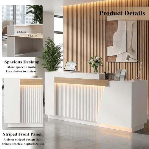 Modern Reception Desk with LED Lights & Built-in Outlets, 63” L-Shaped Front Desk with Slatted Grille Design,White Checkout Counter for Salon, Retail Store, Office, Dimmable Switch Laxodor