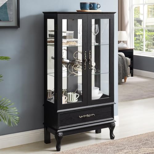 51.58" Lighted Curio Cabinet with Glass Doors and Adjustable Shelves 2 Door Wine Cabinet Display Curio Cabinet with LED Lights Light Black Finish and Drawer for Home Decor and Storage, Black JIJIWANG
