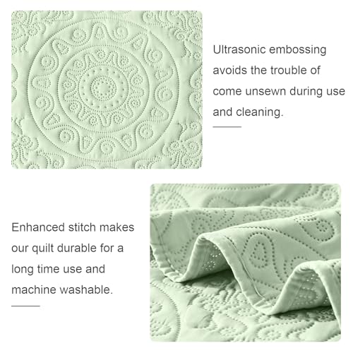 WURUIBO Light Green Quilt Set Twin Size, Embossing Microfiber Bedspreads with Pillow Sham, Ligthweight Breathable Thin Coverlet, Reversible Bedding Set for All Season (1 Quilt, 1 Pillow Sham) WURUIBO