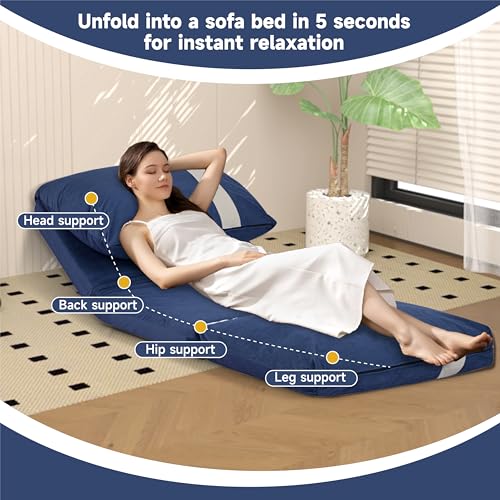 CITTANEO Folding Sofa Bed Set of 2, Convertible Floor Sofa with 6-Position Adjustable Backrest, Metal Frame and Handle, Futon Floor Couch for Dorm, Bedroom, Apartment, Navy Blue CITTANEO