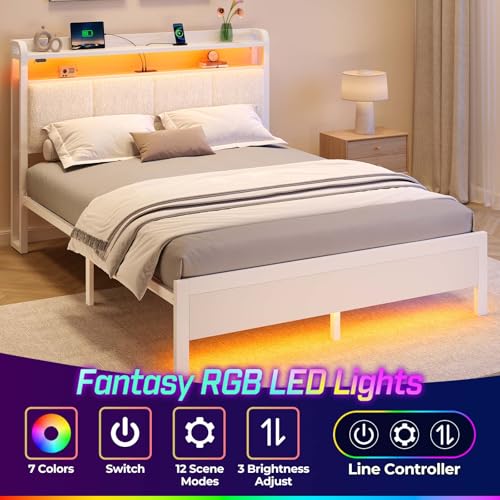 Rolanstar Bed Frame Full Size with Charging Station and LED Lights, Upholstered Headboard with Storage Shelves, Heavy Duty Metal Slats, No Box Spring Need, Noise Free, Easy Assembly, White Rolanstar