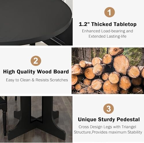Henf 7 Piece Round Black Extendable Dining Table Set for 6, 43.3"-59" Oval Wood Kitchen Table Set with 6 Black Tufted Chairs, Mid-Century Modern Expandable Dining Room Tables and Chairs Set for 6 Henf