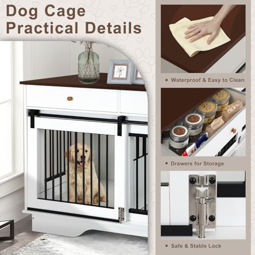 Dog Crate Furniture for 2 Dogs, Dog Kennel with 2 Storage Drawers & Divider, Large Double Dog Cage As TV Stand, Furniture Style Dog Crates with Sliding Barn Door (Brown & White) OUTDOOR DIAMOND