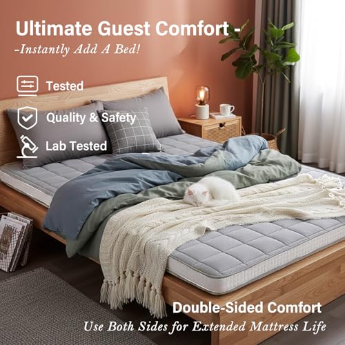 Tiita Japanese Floor Mattress Futon Mattress 4” Thick Folding Roll Up Sleeping Pad with Bag & Strap, Bed Topper Mat for Guest, Lounger and Travel, Grey,Full Size Tiita