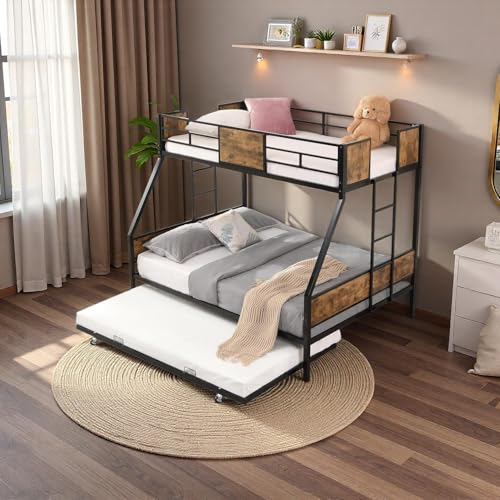 Olela Twin Over Full Bunk Beds with Trundle Bed, Heavy Duty Metal Frame with Safety Rails & 2 Side Ladders for 3 Sleepers, No Box Spring Needed for Kids, Teens, Guest Room, Max Capacity 850 Lbs Olela