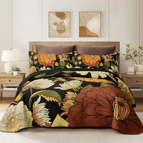 Tyrot 3 Piece Black Boho Floral King Size Quilt Sets Reversible Farmhouse Botanical Lightweight Bedspread Coverlet with 2 Shams Mid Century Microfiber Bedding Quilts Set for All Season,106''x96'' Tyrot
