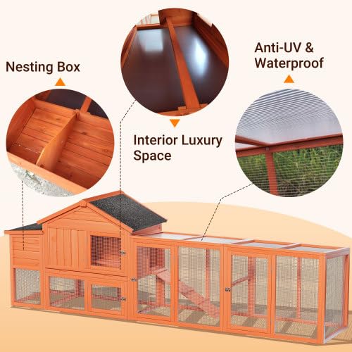 113.5" Large Wooden Chicken Coop Outdoor Big Hen House Poultry Pet Duck Hutch with Run Cage Nesting Box Waterproof Asphalt Roof Ramp Removable Tray Wire Fence for Backyard Small Animals - Natural HAUSPROFI