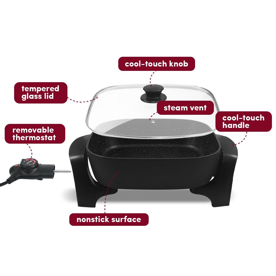 Elite Gourmet EG6201 Extra Deep 12"x12"x3.2" (7.5Qt.) Scratch Resistant Dishwasher Safe, Non-stick Electric Skillet with Glass Vented Lid, Adjustable Temperature, Black Elite Gourmet