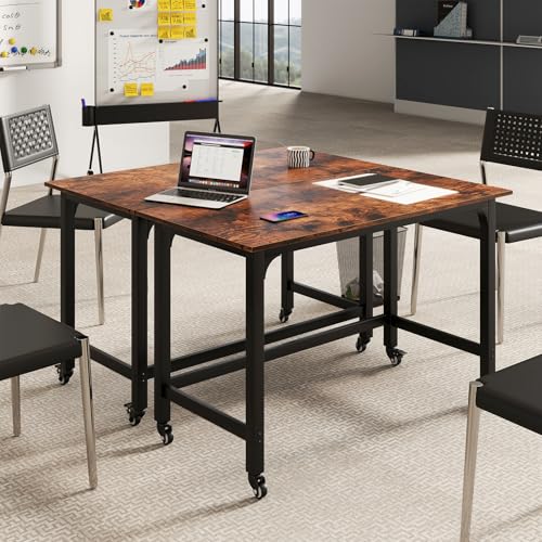GOFLAME 4ft Conference Table Set of 2, Mobile Home Computer Desk, Meeting Room Table w/Detachable Storage Bag & 2 Headphone Hooks, Rolling Seminar Boardroom Table on Wheels, Black + Rustic Brown GOFLAME