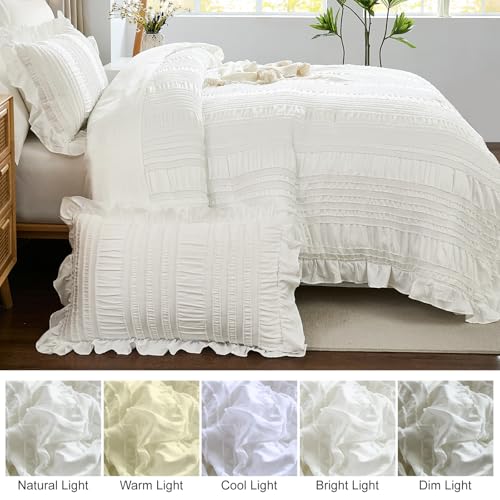 WONGS BEDDING White Comforter Set King,7 Pieces Ruffle Comforter Set with Sheets,Textured Bed in a Bag for King Bed 104"×90" WONGS BEDDING