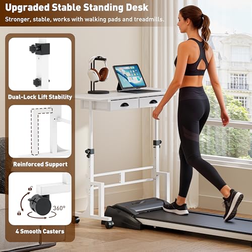 Height Adjustable Standing Desk with 2 Drawers, Small Sit Stand Up Desk with Wheels, Portable Rolling Desk for Walking Pad Treadmill, Computer Office, Adjustable 31.5"-43.3", White, Upgraded Stable Jsskeeim