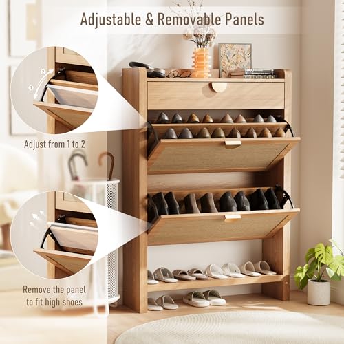 INNOD Rattan Shoe Storage Cabinet, Shoe Organizer with 2 Flip Drawers, Narrow Shoe Cabinet, Free Standing Hidden Shoe Storage, Shoe Rack for Entryway/Hallway/Closet, Natural Oak INNOD