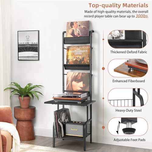Record Player Stand with Vinyl Storage for up to 200 Albums, Turntable Stand with Record Holder Display Shelf Tewinko
