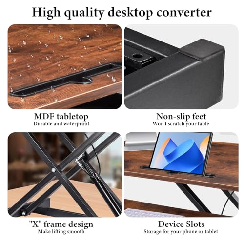 Standing Desk Converter 37 Inch – Easy Assembly Height Adjustable Sit Stand Desktop Riser with GasSpring Lift, Duals Monitor Laptop Workstation and Spacious Keyboard Tray, Ergonomic Converter (Brown) Generic