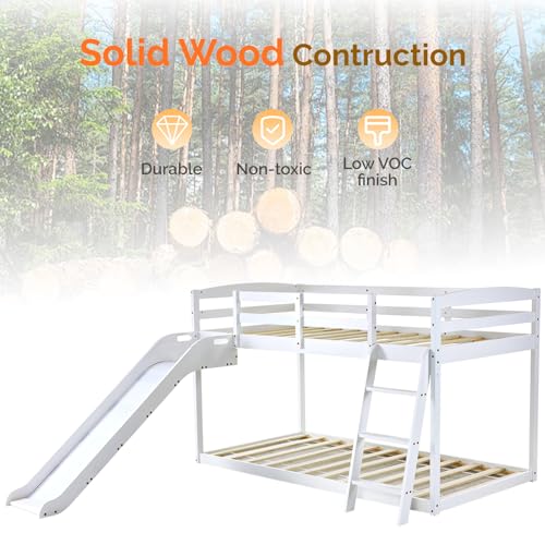 JOYMOR Bunk Bed with Curved Slide, Low Bunk Bed Twin Over Twin, Bunk Bed with Slide and Angled Ladder, Solid Pine Wood Slide Bed,14" Safety Guardrail, Anti-Slip Steps JOYMOR