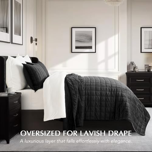 EVERGRACE Pearl Velvet Quilt Full Queen Size Bedding Sets, Luxurious Soft Velvet Comforter Set, Lightweight Box Stitching Oversized Bedspread Coverlet for All Season, with 2 Shams, Black EVERGRACEHOME
