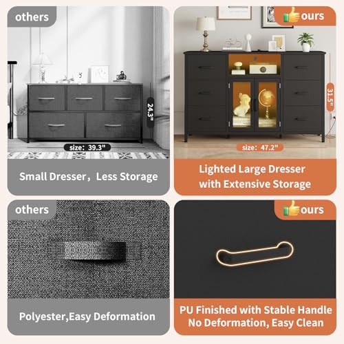 FFBCFDK Black Dresser for Bedroom Dresser TV Stand with Charging Station for 60" TV Long 6 Drawer Dresser for Bedroom with LED Light Large Fabric Dresser Organizer Unit Tall Chest of Drawers for Kids FFBCFDK