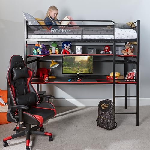 X Rocker BattleBunk Twin Size Gaming Bunk Bed, Durable Metal Frame with Built-in Gaming Desk and Shelving, Black and Red X Rocker