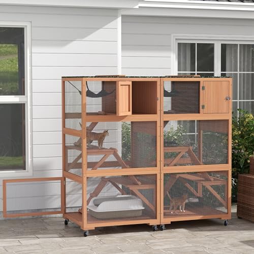 PawHut Catio, Outdoor Cat Enclosure House, Wooden Feral Cat Shelter on Wheels, Cat Cage with Hammock, Platforms Ramps, and Weather Protection Asphalt Roof, 34", Orange PawHut