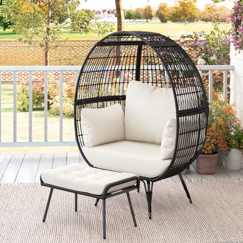 Tangkula Oversized Wicker Egg Chair with Ottoman, Patio Lounge Basket with 5 Soft Cushions, Stable Metal Frame, Gorgeous Indoor Outdoor Lounge Chair, Ideal for Living Room, Backyard, 450 LBS Max Load Tangkula