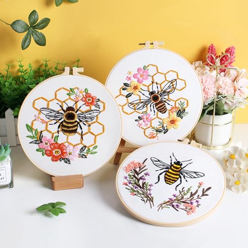 Huacan Embroidery Kits for Adults Beginner 4 Pcs Stamped Bees Honey Pattern Stitching DIY Sewing Kit 7.9 x 7.9 Inch