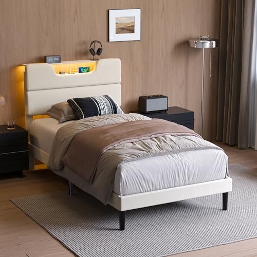 OURPIC Twin Bed Frames for Kids, Twin Size Bed Frames with Upholstered Headboard, Modern Platform Bed with Charging Station and Led Lights, Sturdy Wooden Slats OURPIC