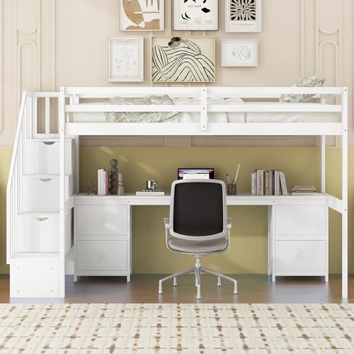 Harper & Bright Designs Twin Size Loft Bed with Stairs and Desks, Wood Loft Bed Frame with Storage Drawers, White Harper & Bright Designs