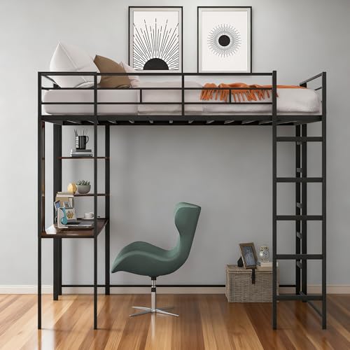 Bellemave Full Size Loft Bed with Desk and 2 Shelves, Metal Loft Bed Frame with 2 Ladders and Guardrails for Kids Teens (Black/Full) Bellemave