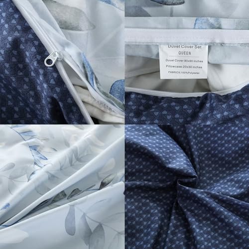 OAITE Duvet Cover Queen Size,Reversible Leaf Blue Duvet Cover Set with Zipper Closure, 3 Pieces Modern Patterns Soft Microfiber Bedding Set with 8 Ties(90’’*90’’,2 Pillow Cases) OAITE