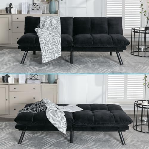 71" Velvet Futon Couch Bed with Mattress Included,Convertible Folding Sleeper Sofa Bed with Adjustable Backrests,Modern Loveseat Sleeper for Living Room Bedroom Small Space Home Office (Black) MWrouqfur