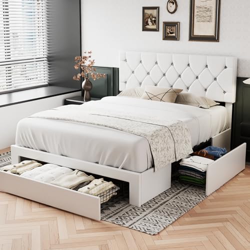 VECELO Queen Size Bed Frame with 3 Storage Drawers, Leather Upholstered with Diamond Tufted Headboard, Solid Wood Slat Support & Steel Framework, PU & White VECELO