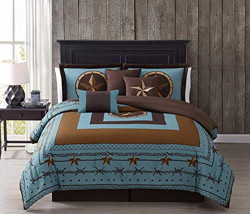 Chezmoi Collection Tulsa California King Bedding Set, 7-Piece Turquoise Brown Western Cowboy Oversized Comforter Set, Printed Texas Star Barbed Wire Chezmoi Collection